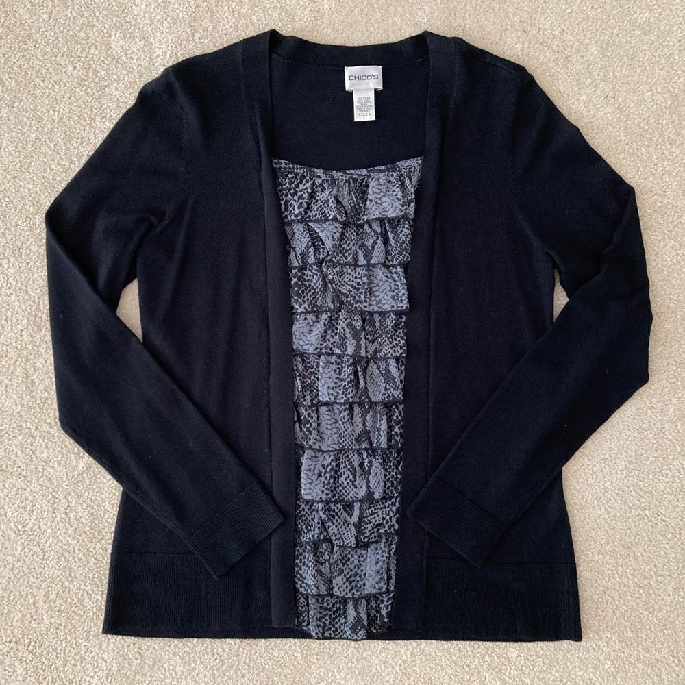 Chico's Black/Gray Sweater Ruffle Inset, Small